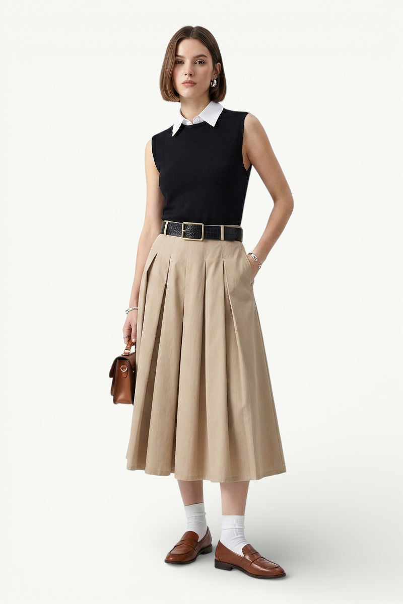 Sleeveless Pleated Midi Dress with Belt