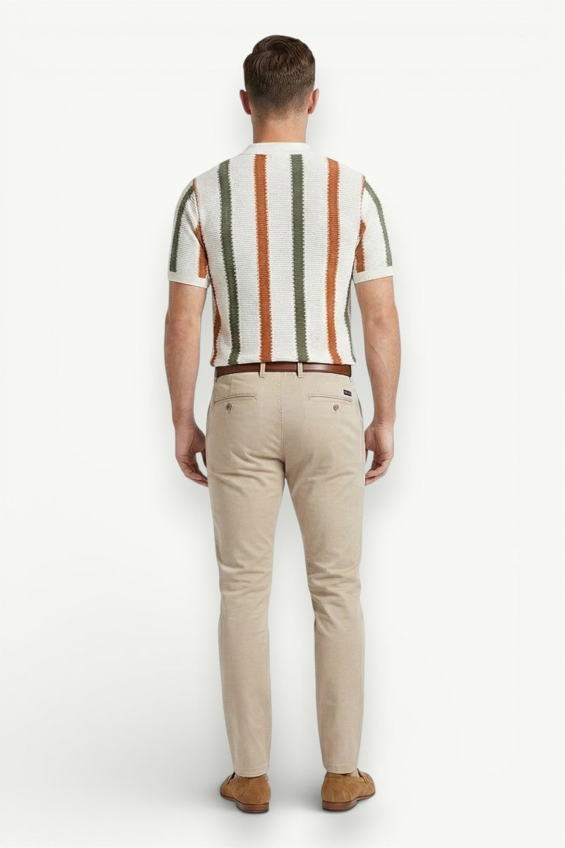 Ribbed Knit Striped Polo Shirt