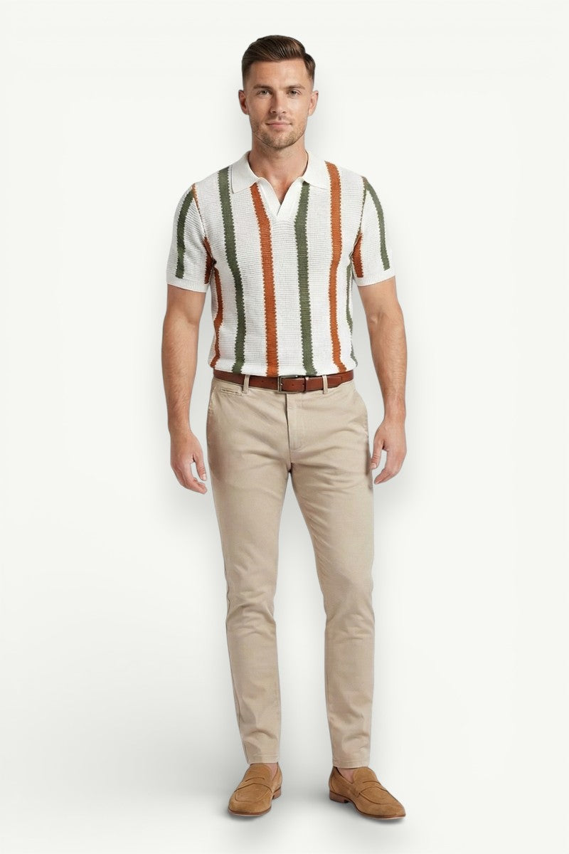 Ribbed Knit Striped Polo Shirt