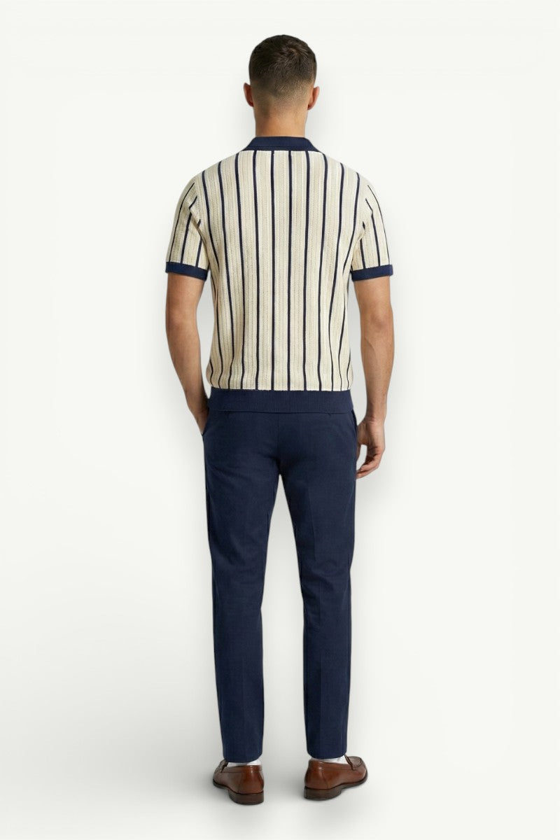 Striped Knit Patchwork Polo Shirt