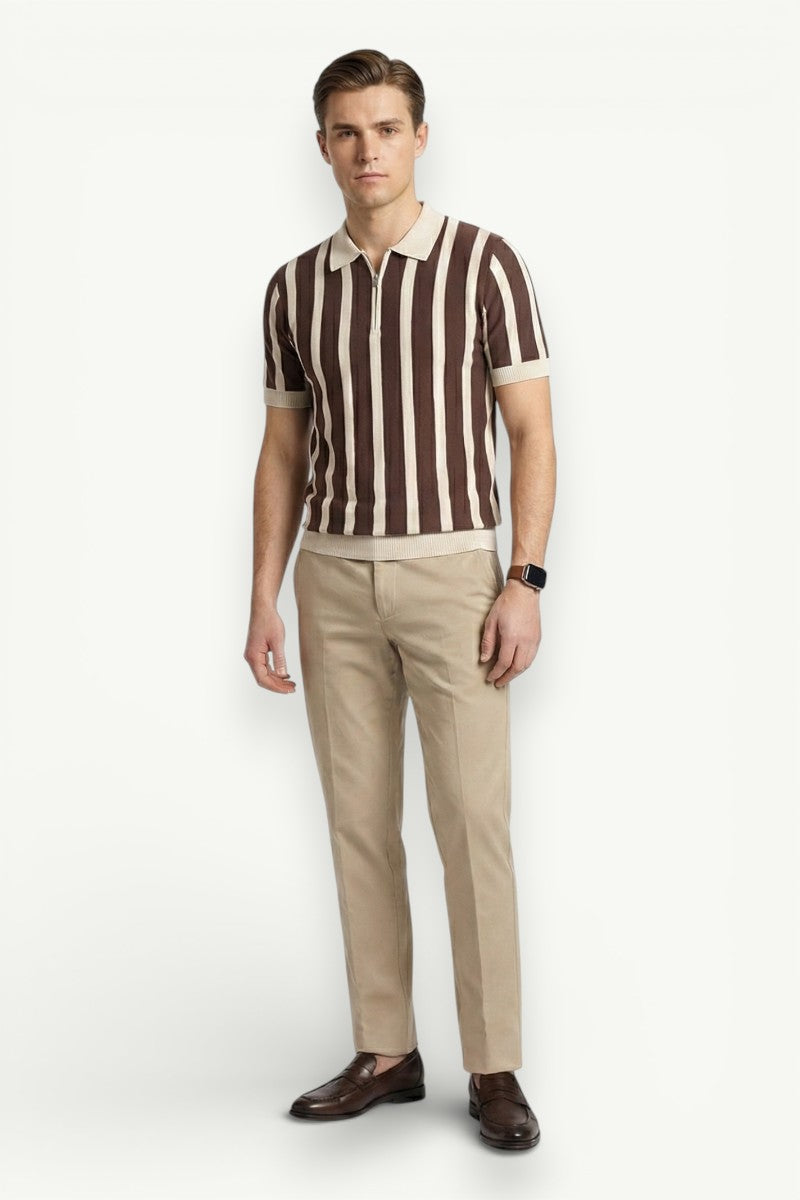 Patchwork Knitted Zip Polo Shirt