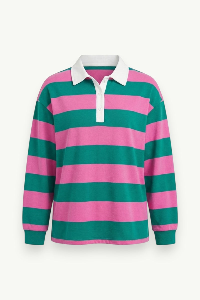 Loose Striped Long-Sleeve Polo Shirt