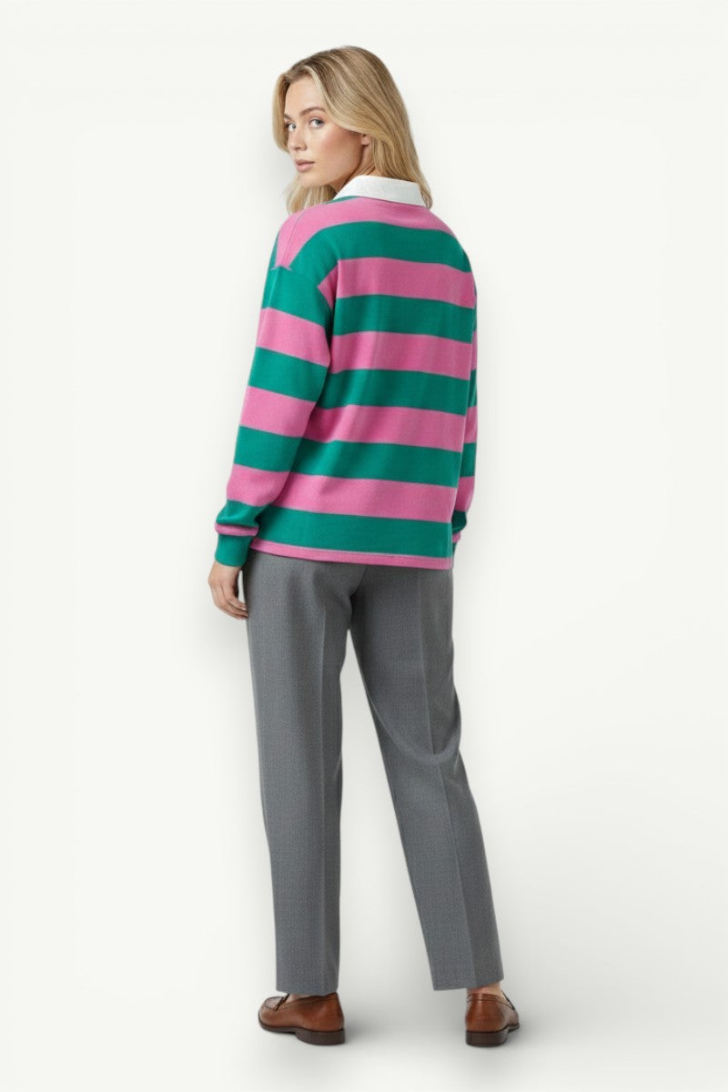 Loose Striped Long-Sleeve Polo Shirt