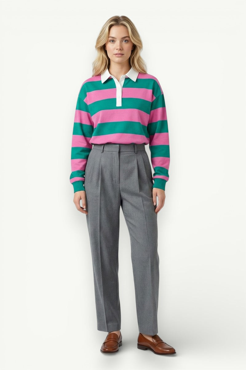 Loose Striped Long-Sleeve Polo Shirt