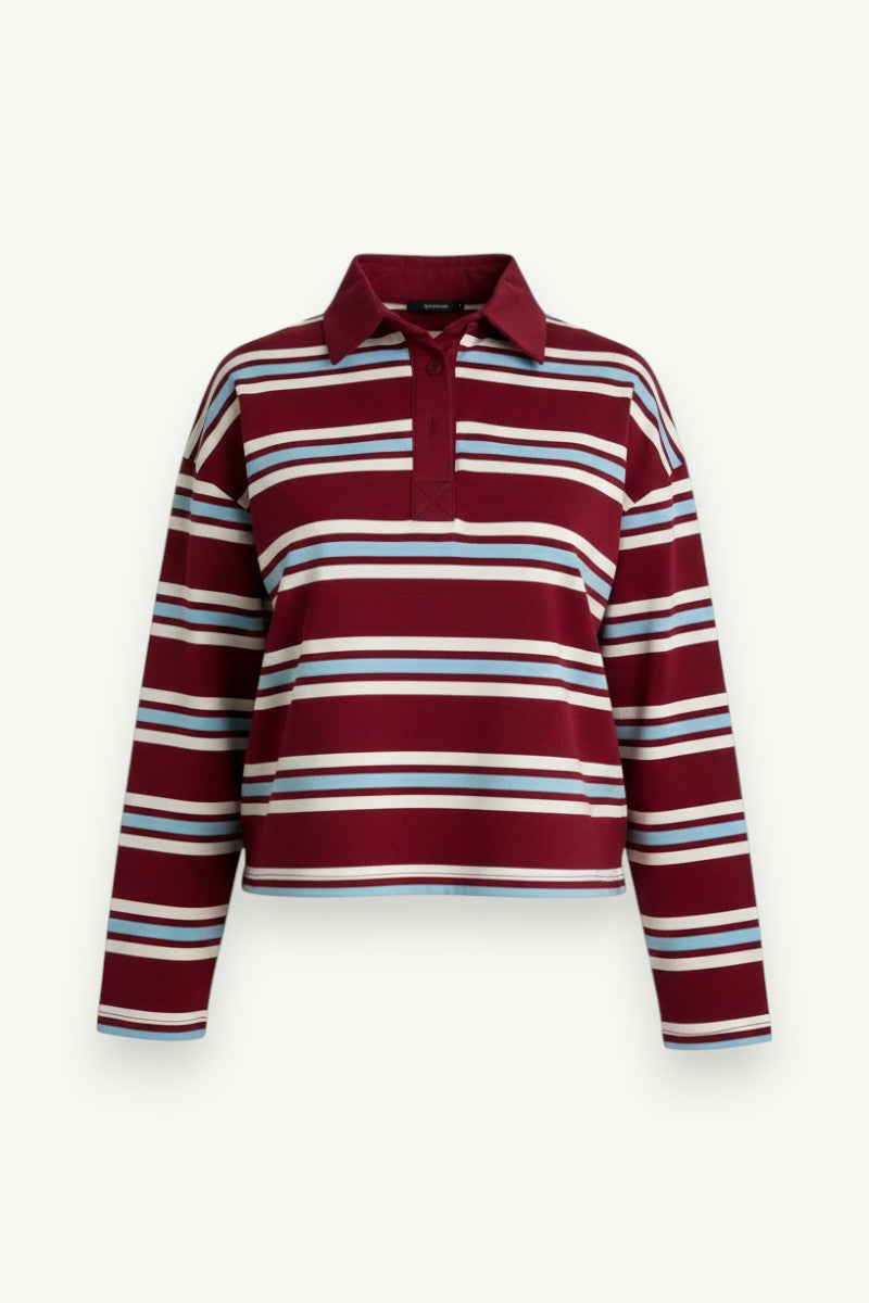 Oversized Striped Long-Sleeve Polo Top
