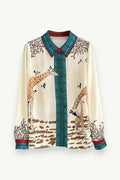 Giraffe Print Satin Long-Sleeve Blouse