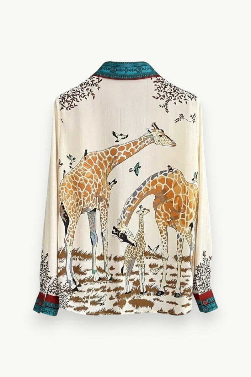 Giraffe Print Satin Long-Sleeve Blouse