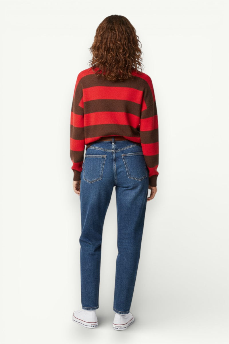 Contrast Stripe Polo-Collar Knit Sweater