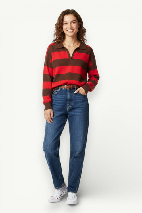 Contrast Stripe Polo-Collar Knit Sweater