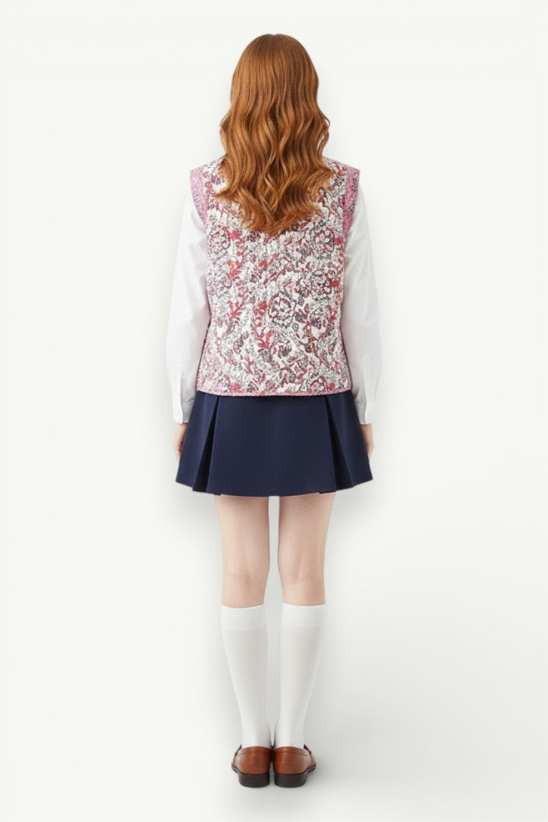 French Retro Printed Quilted Sleeveless Vest