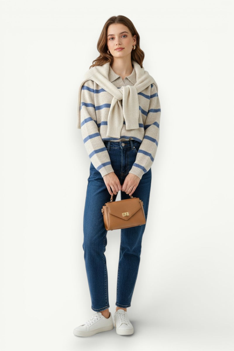 Knit Polo-Collar Hoodie Sweater