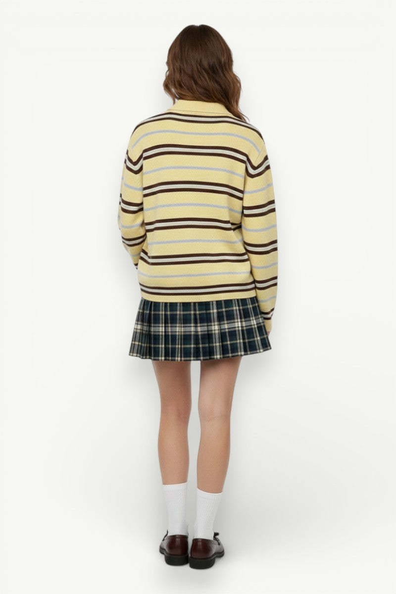 Patchwork Striped Collared Knit Sweater