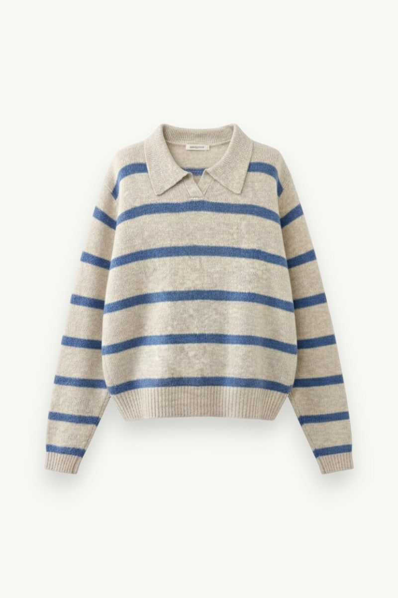 Knit Polo-Collar Hoodie Sweater