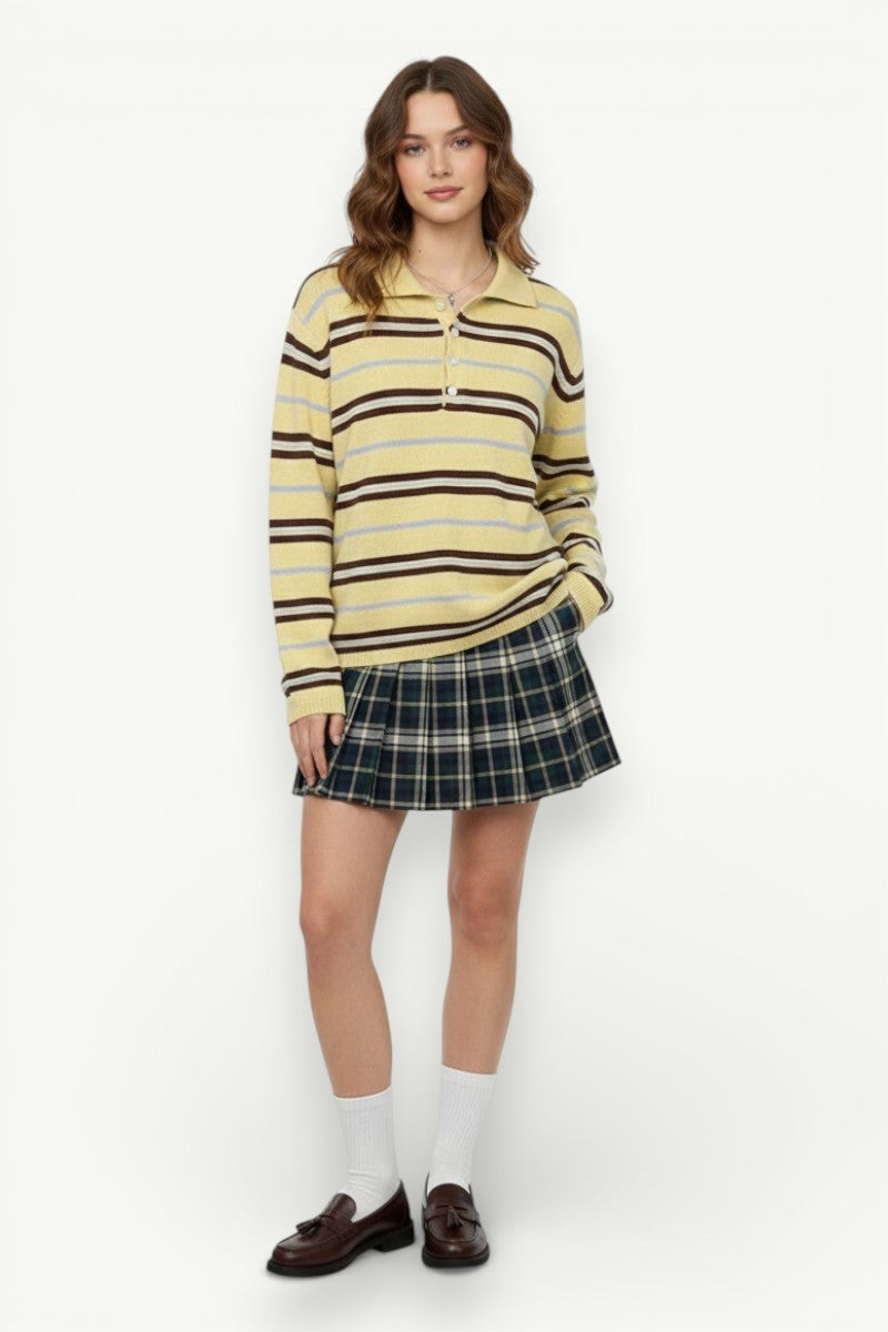 Patchwork Striped Collared Knit Sweater