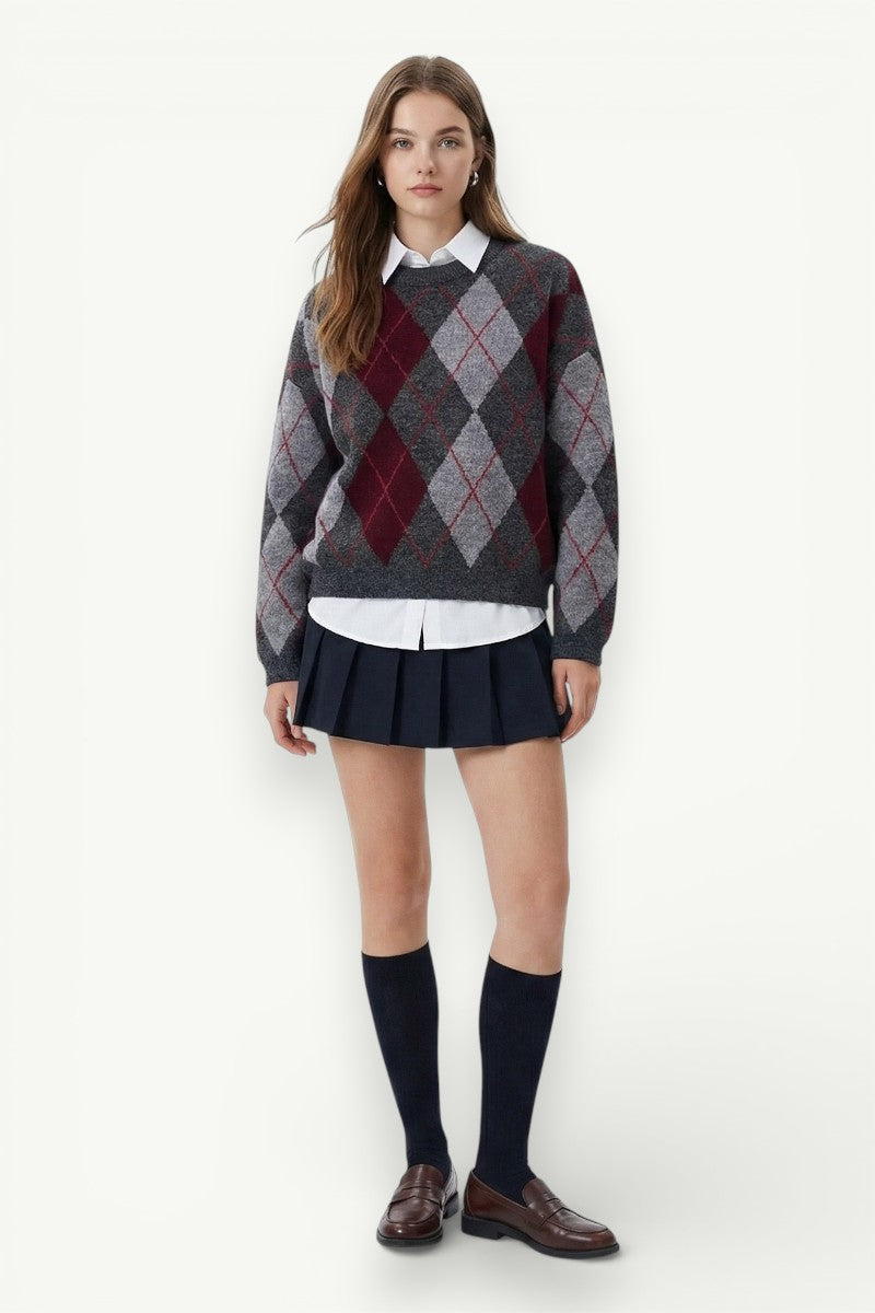 Plaid Jacquard Knit Pullover Sweater