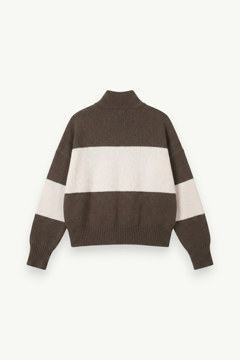Retro Contrast Letter Zip-Up Knit Cardigan