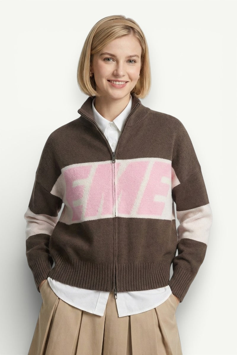 Retro Contrast Letter Zip-Up Knit Cardigan