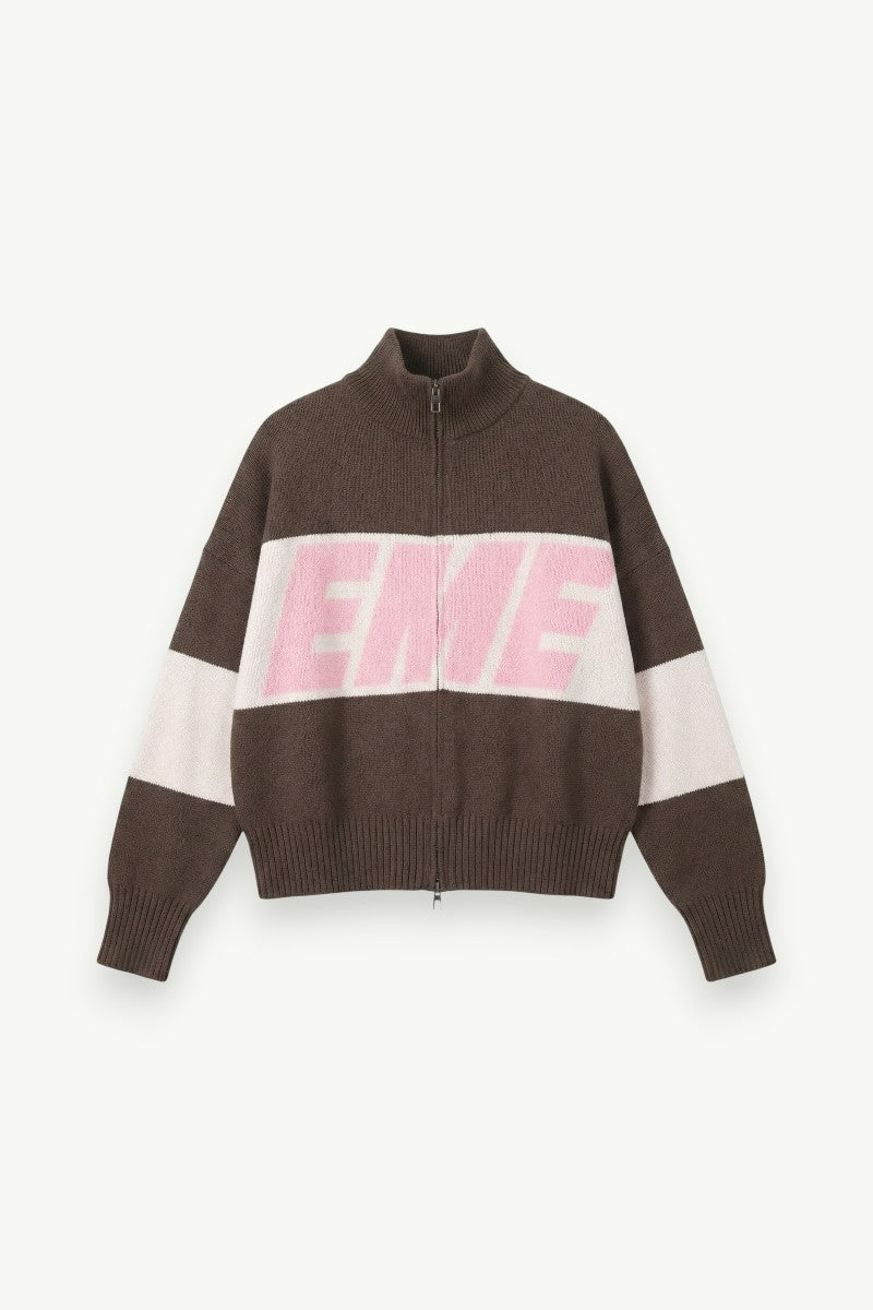 Retro Contrast Letter Zip-Up Knit Cardigan