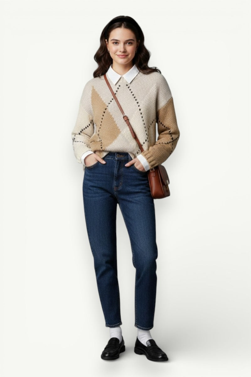 Argyle Color-Block Knit Pullover