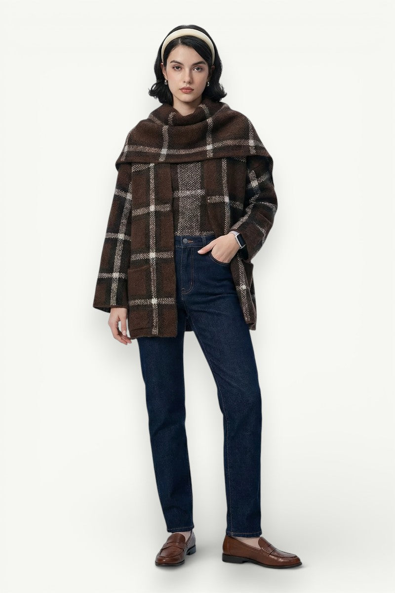 Plaid Knit Scarf-Collar Cardigan