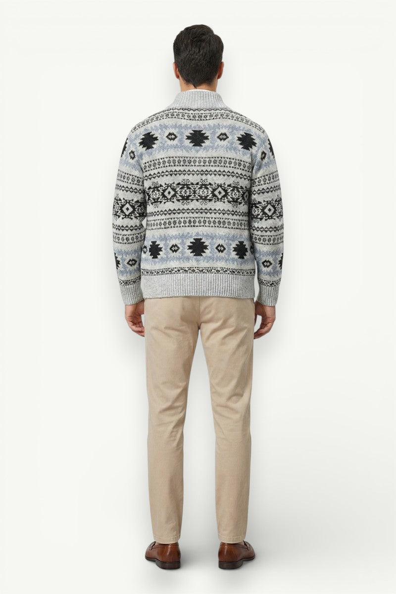 Vintage Geometric Zip-Up Knit Sweater