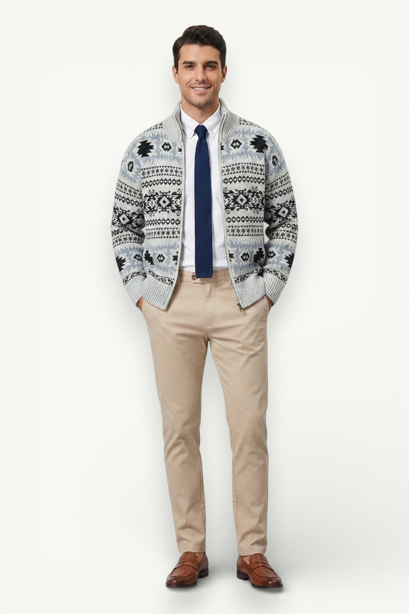 Vintage Geometric Zip-Up Knit Sweater