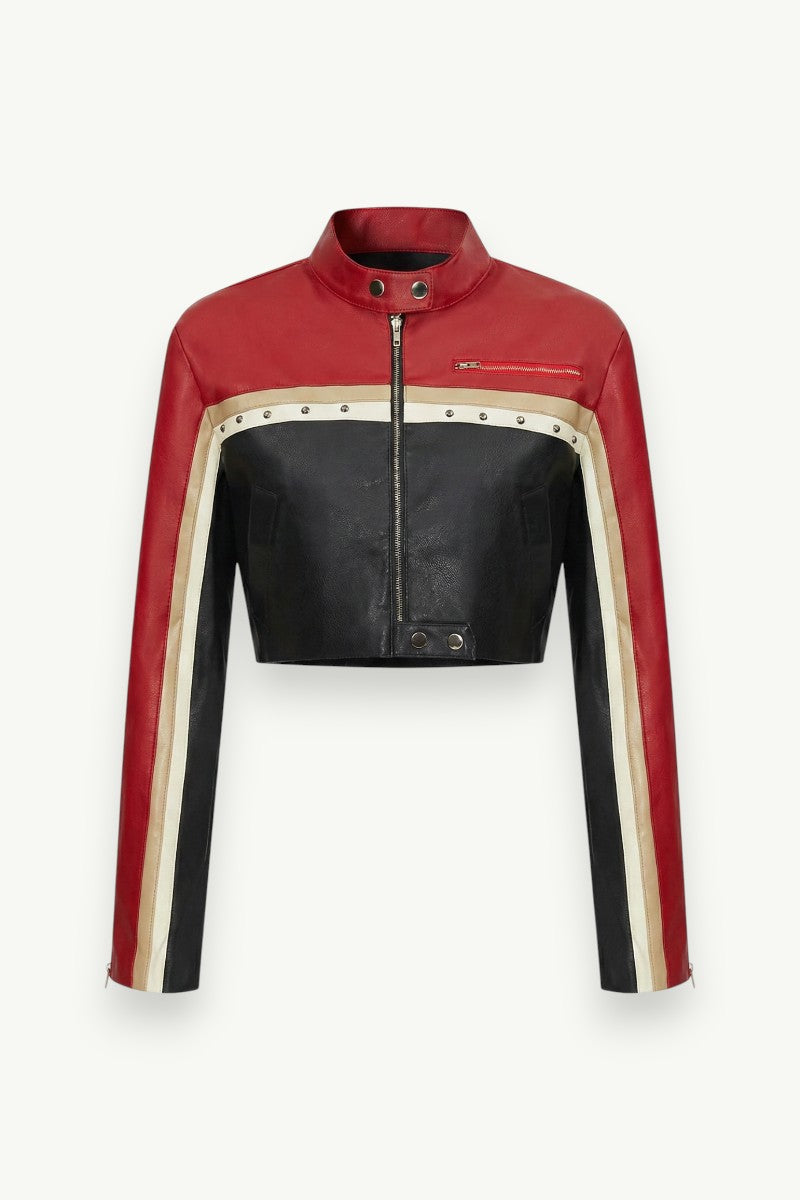 Punk Color-Block Crop Biker Jacket