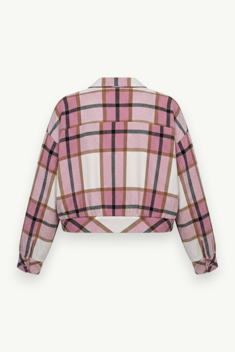 Plaid Cropped Lantern-Sleeve Jacket