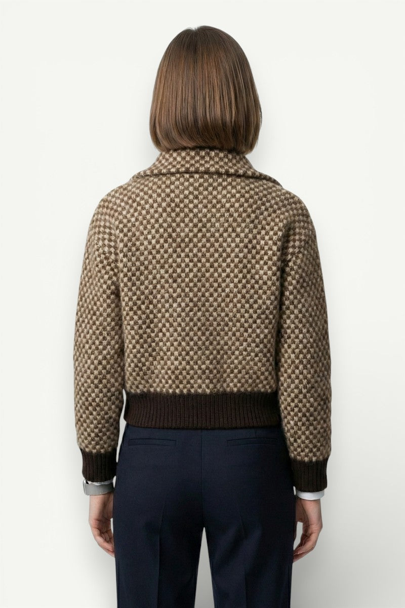 Plaid High-Neck Knit Bomber Jacket