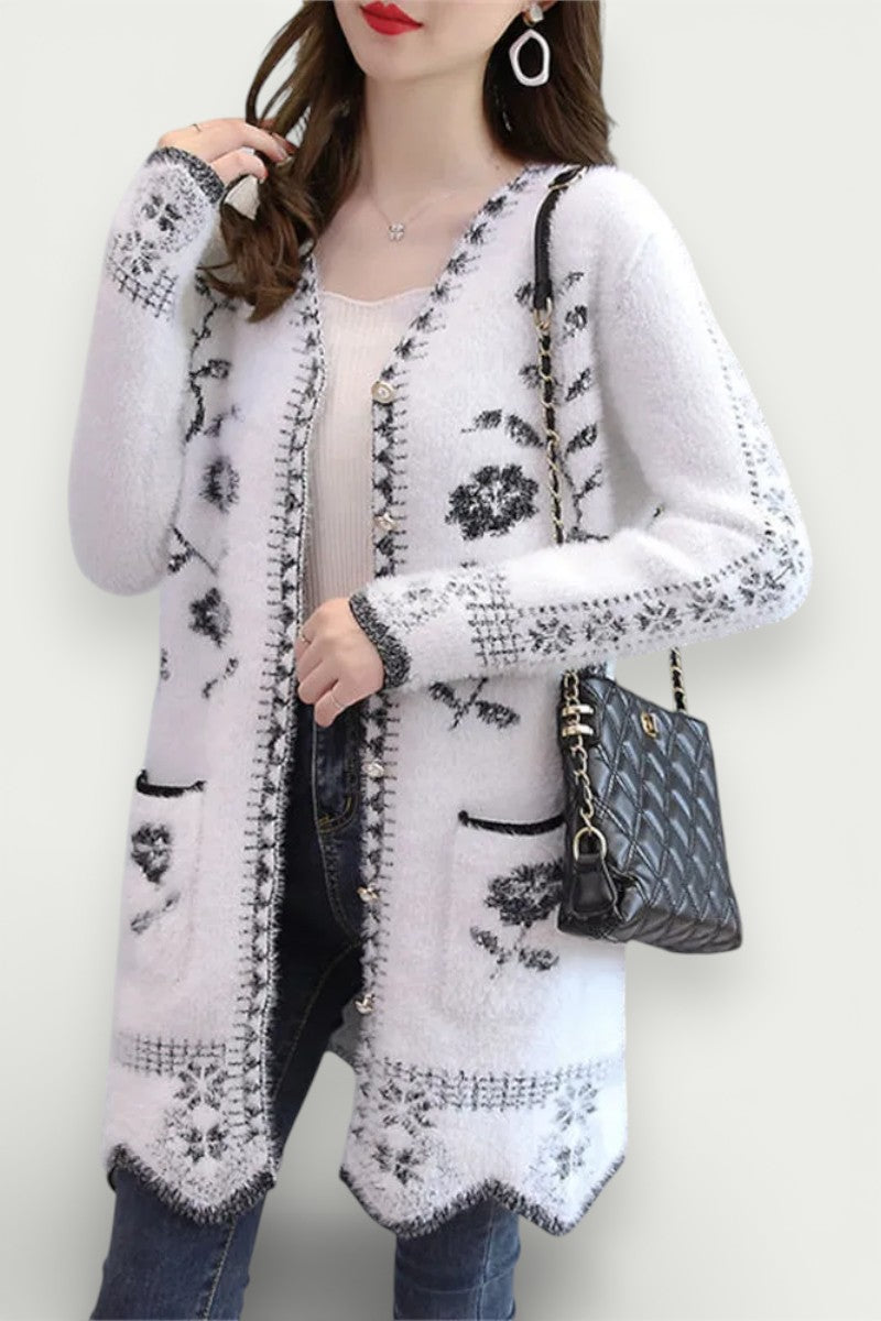 Printed V-Neck Knit Cardigan Jacket