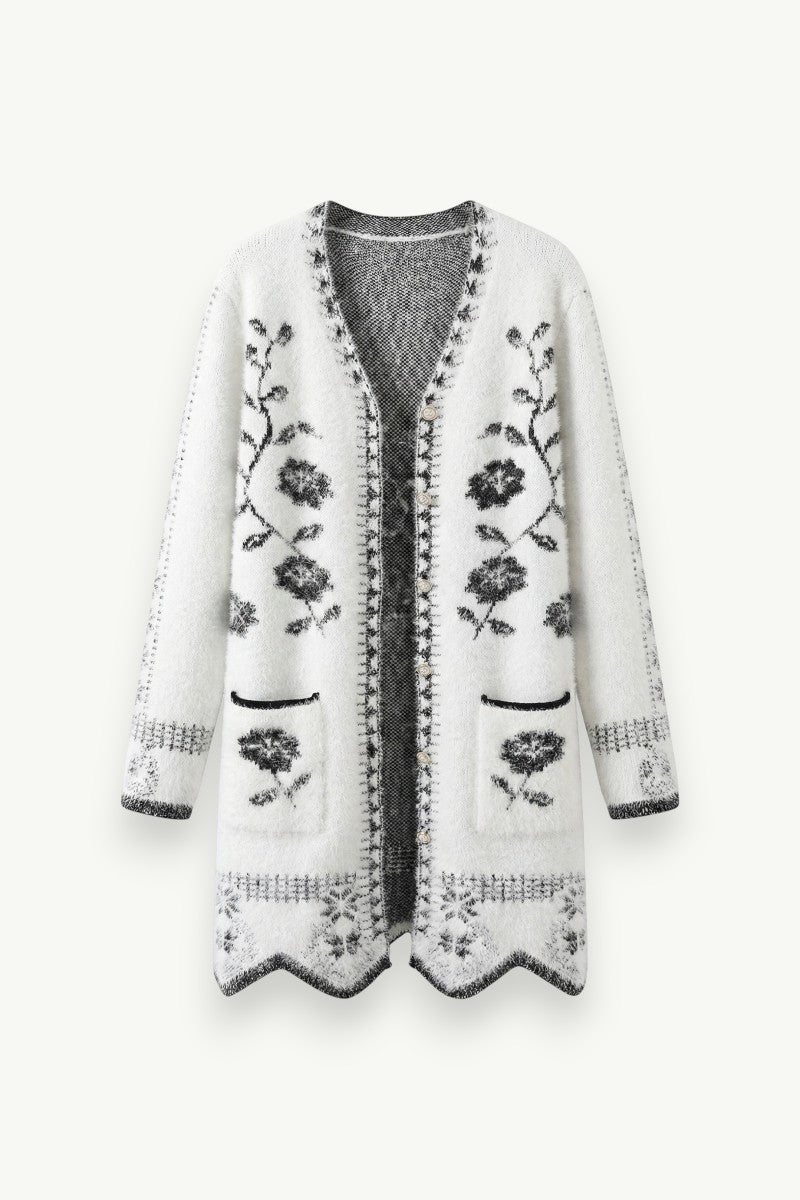 Printed V-Neck Knit Cardigan Jacket