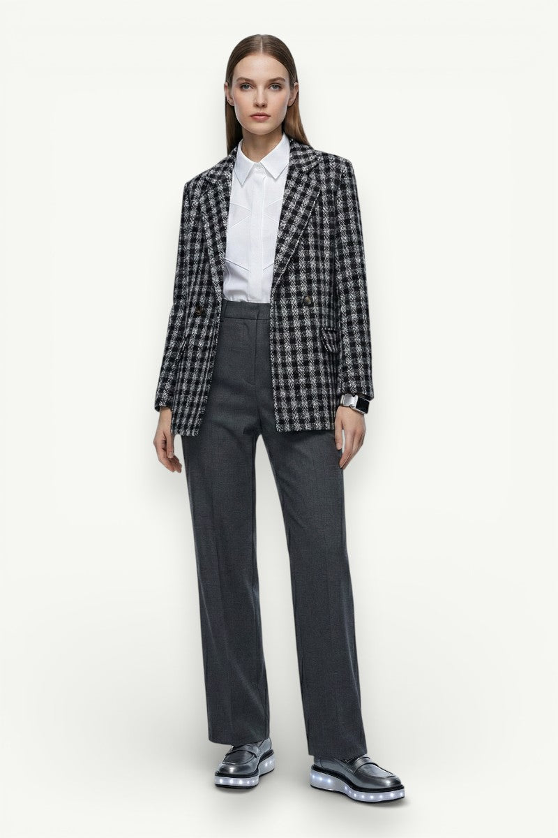 Loose-Fit Plaid Buttoned Suit Jacket