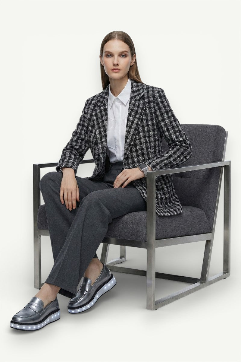 Loose-Fit Plaid Buttoned Suit Jacket