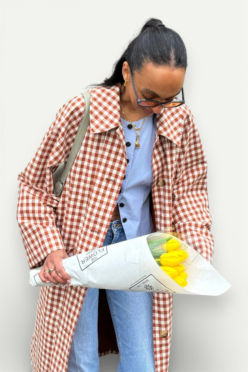 Red Plaid Single-Breasted Trench Coat