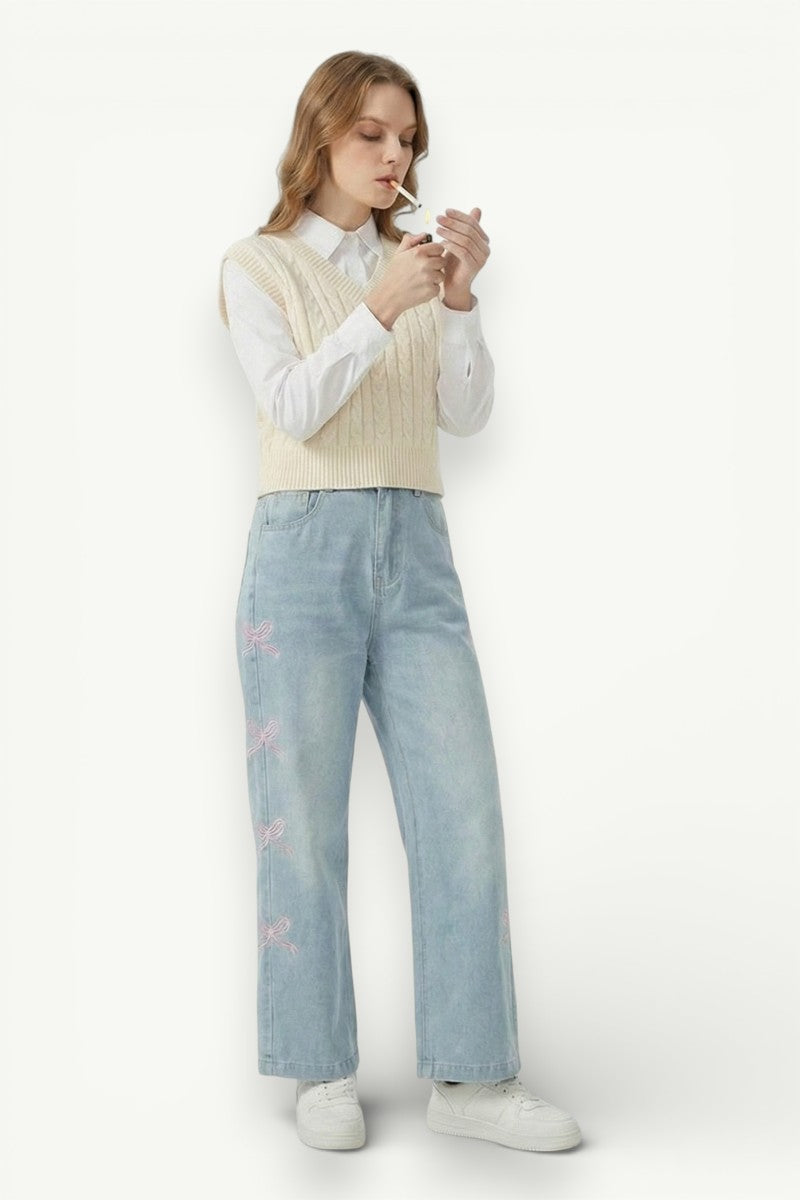 Bow-Detail Straight Jeans