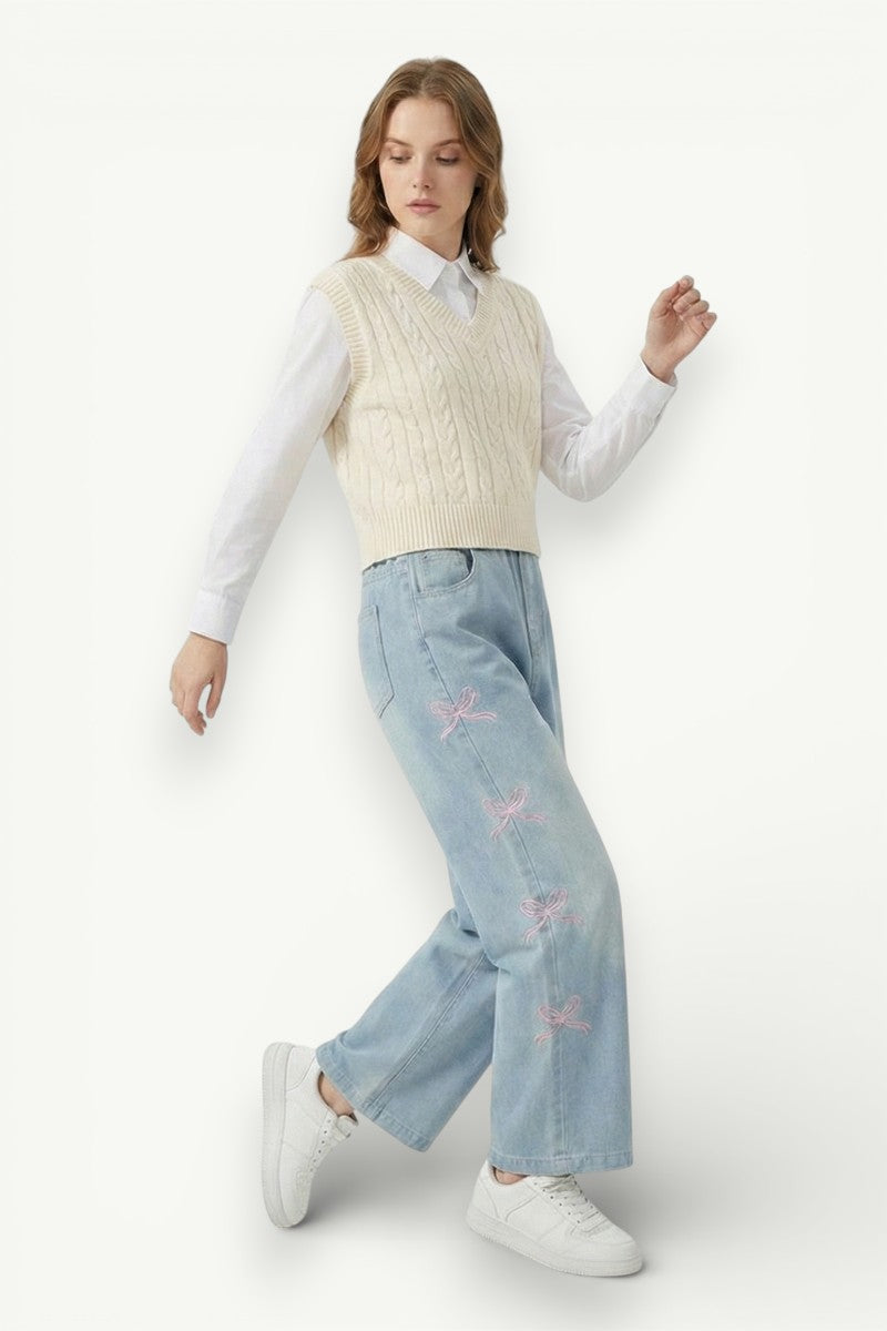 Bow-Detail Straight Jeans