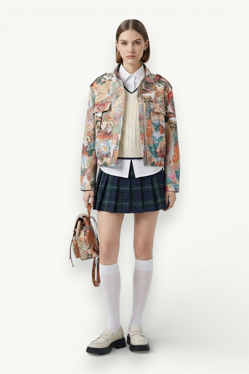 Peacock Print Cropped Street Jacket