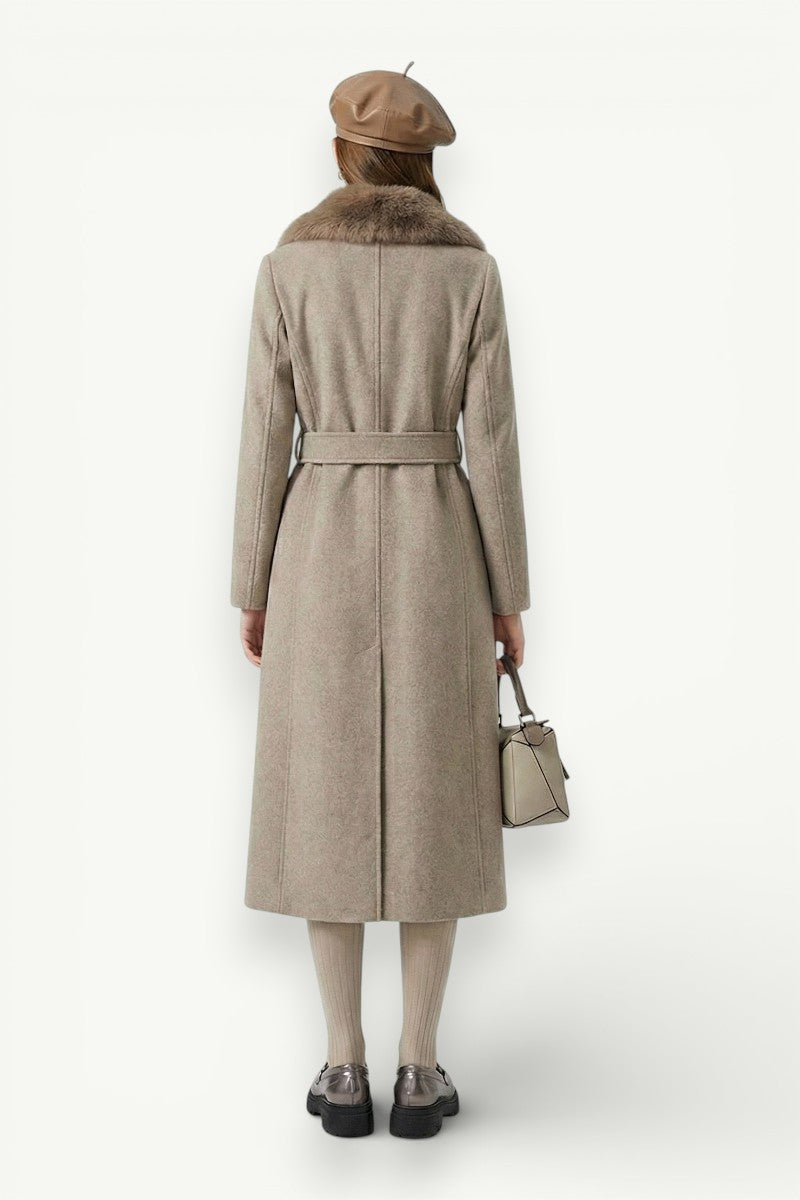 Belted Fur-Collar Long Coat