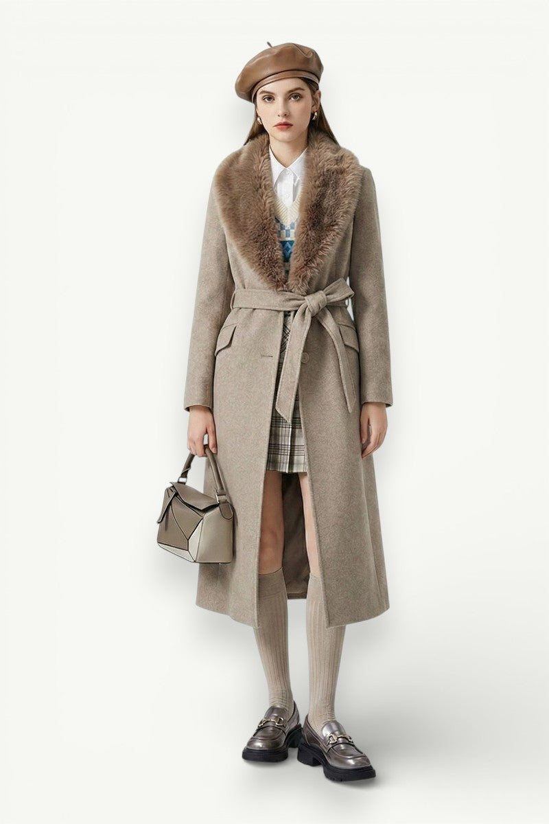 Belted Fur-Collar Long Coat