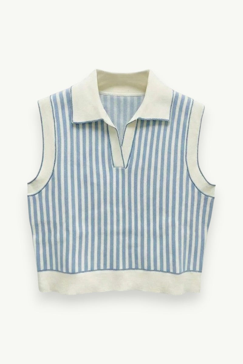 Sleeveless Striped Knit Polo Vest