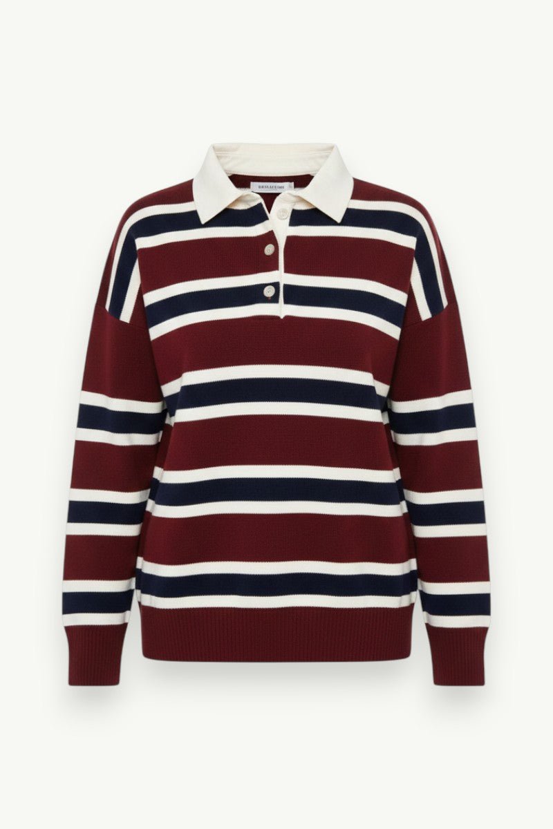 Retro Color-Block Striped Polo Sweater