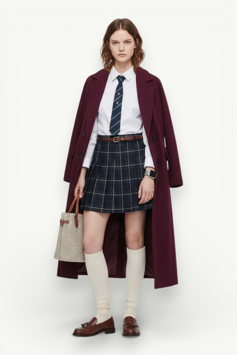 Burgundy Double-Breasted Long Coat