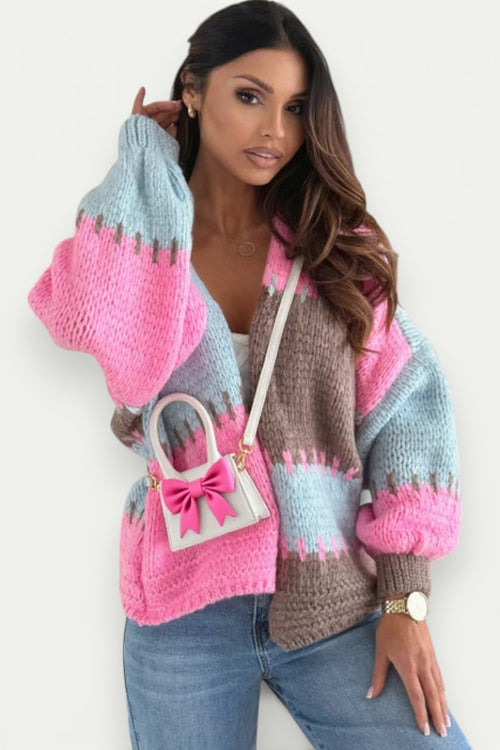 Contrast Patchwork Lantern-Sleeve Knit Cardigan
