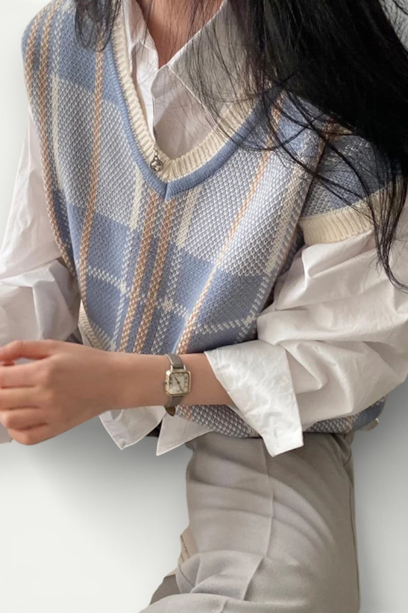 Vintage Plaid V-Neck Knit Sweater Vest