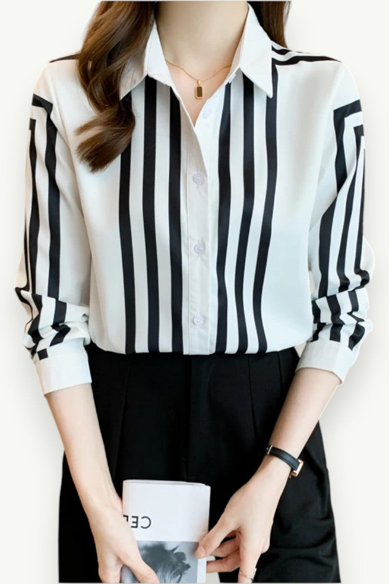 Printed Striped Long-Sleeve Work Blouse