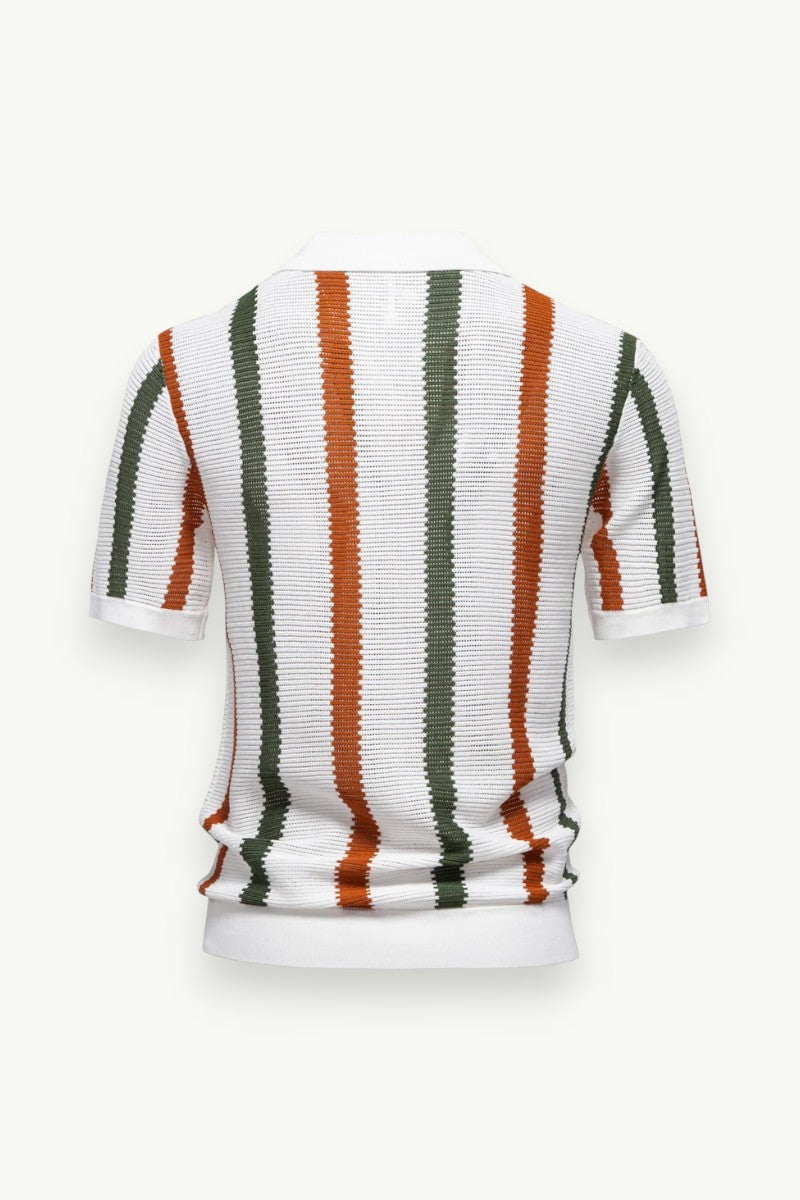 Ribbed Knit Striped Polo Shirt