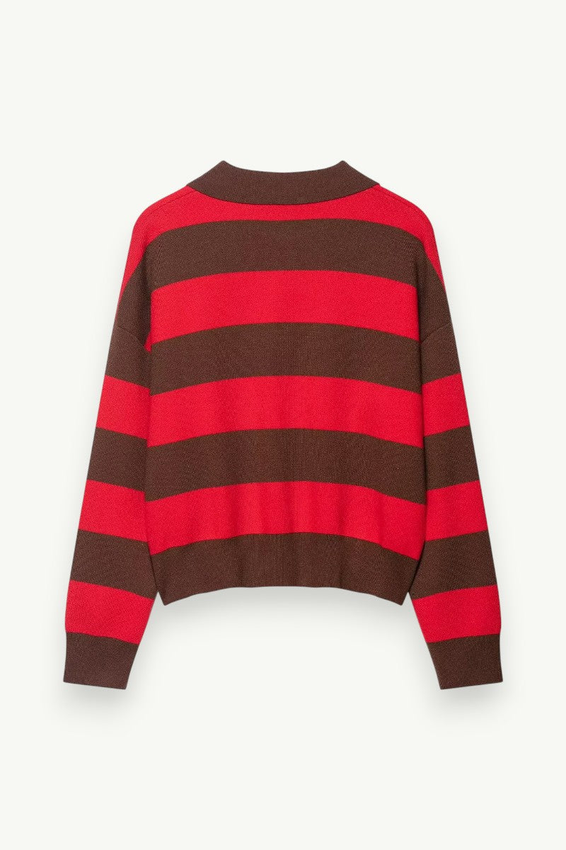 Contrast Stripe Polo-Collar Knit Sweater