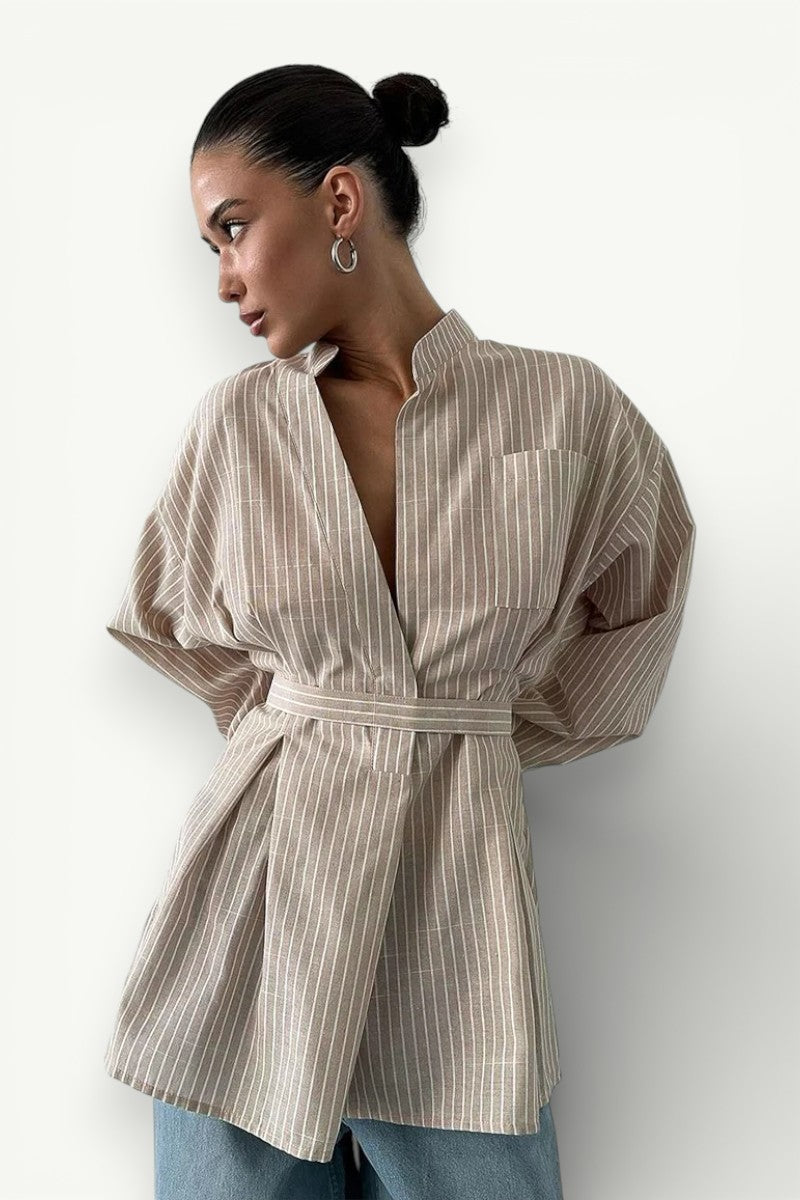 Vintage Stripe Stand-Collar Shirt