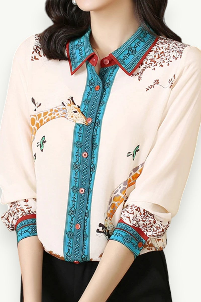 Giraffe Print Satin Long-Sleeve Blouse
