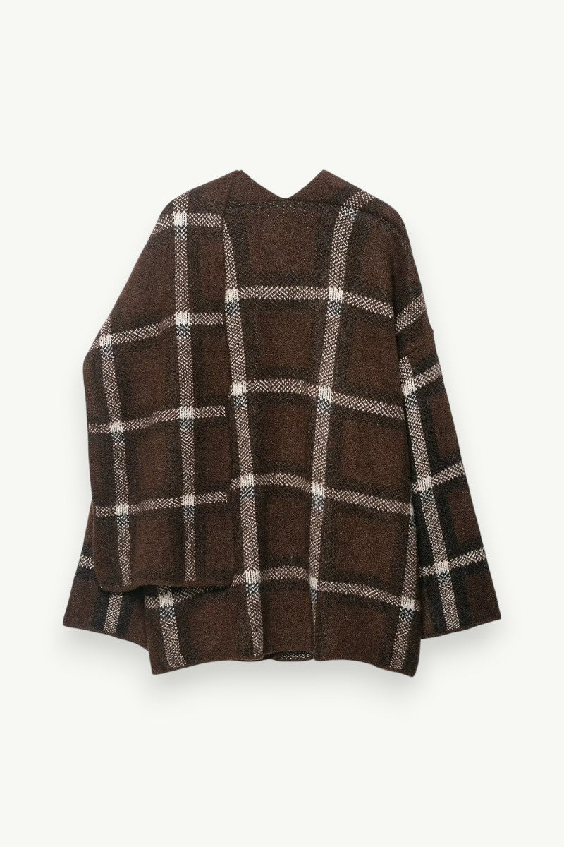 Plaid Knit Scarf-Collar Cardigan